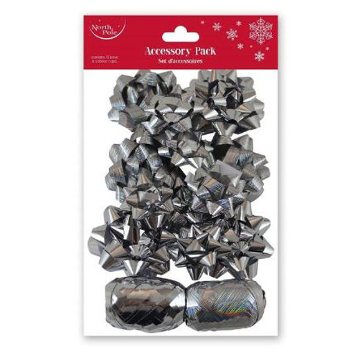 Picture of METALLIC BOWS & RIBBON 14PK SILVER